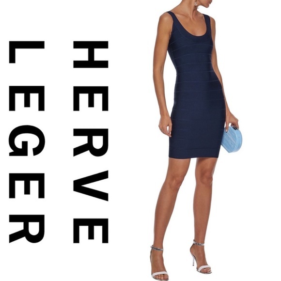 Herve Leger Signature Scoop Bandage Dress Pacific Blue